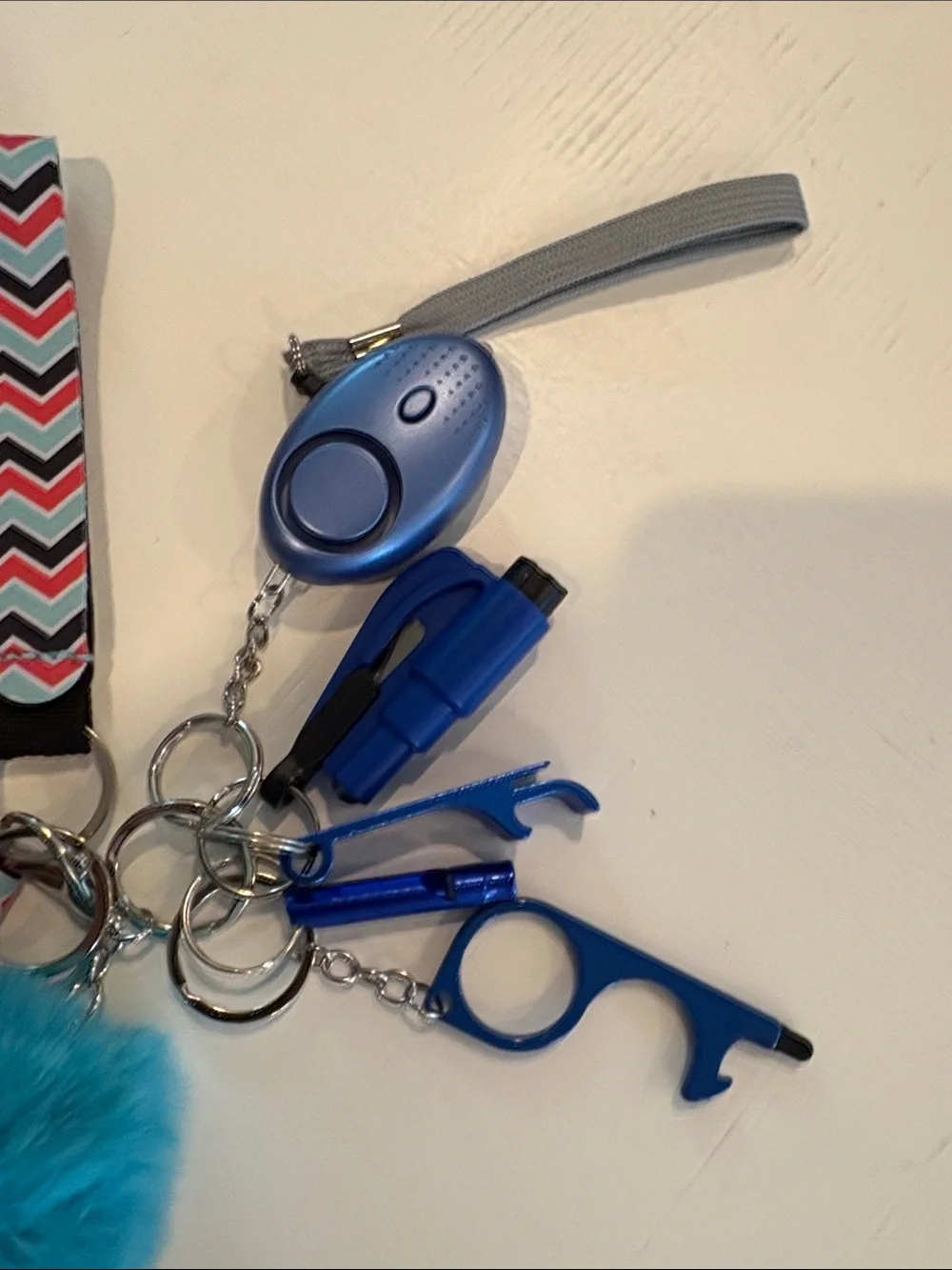 Chevron Women Accessory Keychain Safety Set with Blue Pom-Pom